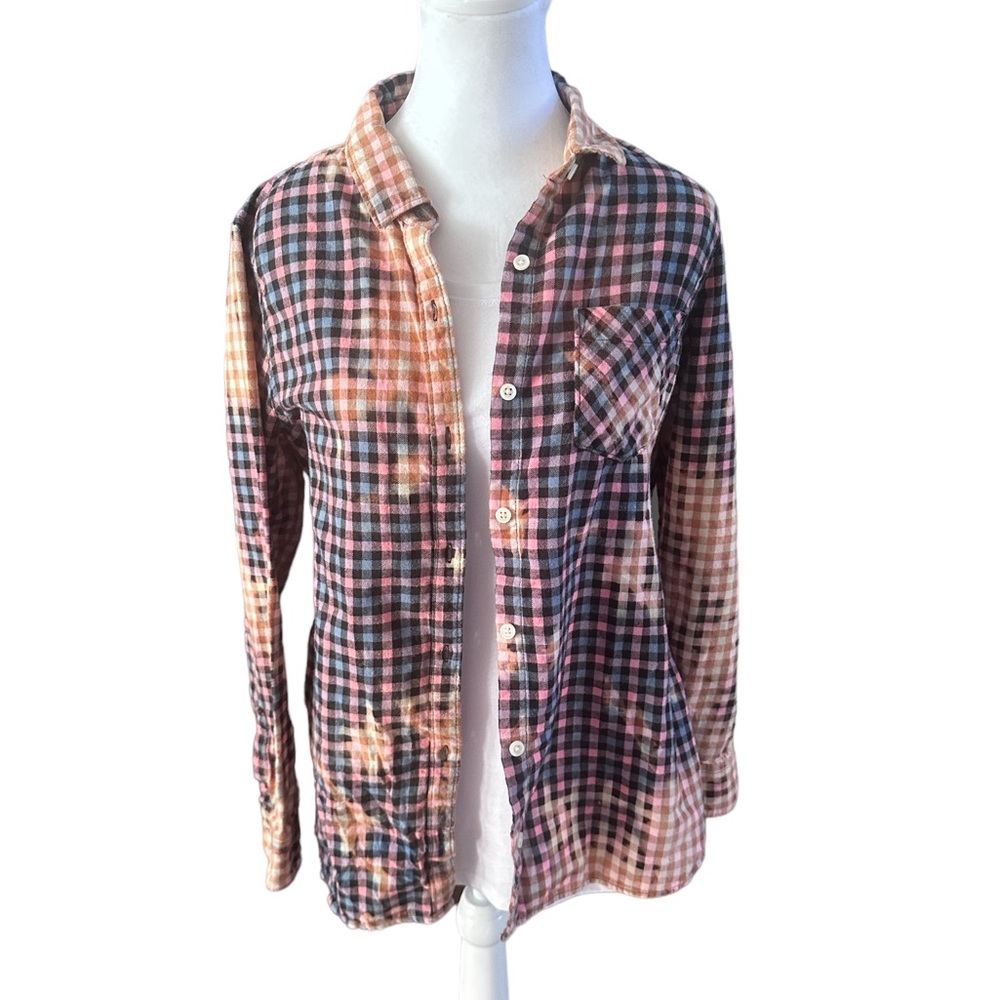 Upcycled DIY Custom Bleached Flannel Shirt Size Medium (F14)